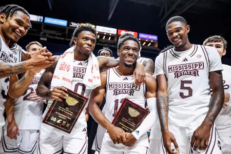 UNCASVILLE, CT - November 19, 2023 - Mississippi State Guard Shakeel Moore (#3), Mississippi State Guard Dashawn "Rams" Davis (#10), Mississippi State Guard Josh Hubbard (#13) and Mississippi State Guard Shawn Jones Jr. (#5) during the 2023 Basketball Hall of Fame Tip-Off Tournament game between the Northwestern Wildcats and the Mississippi State Bulldogs at Mohegan Sun Arena in Uncasville, CT. Photo By Mike Mattina
