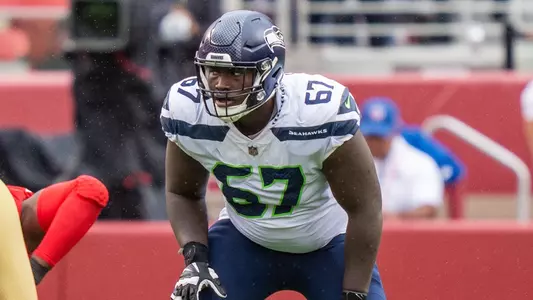 September 18, 2022; Santa Clara, California, USA; Seattle Seahawks offensive tackle Charles Cross (67) during the second quarter against the San Francisco 49ers at Levi's Stadium. Mandatory Credit: Kyle Terada-USA TODAY Sports
