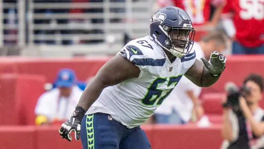 September 18, 2022; Santa Clara, California, USA; Seattle Seahawks offensive tackle Charles Cross (67) during the second quarter against the San Francisco 49ers at Levi's Stadium. Mandatory Credit: Kyle Terada-USA TODAY Sports