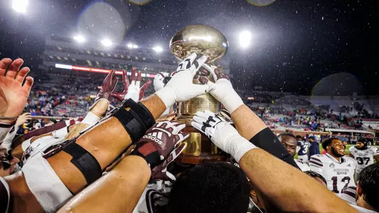 OXFORD, MS - November 24, 2022 - The Golden Egg Trophy after the Battle for the Golden Egg between the Mississippi State Bulldogs and the Ole Miss Rebels at Vaught Hemingway Stadium in Oxford, MS. Photo By Kevin Snyder