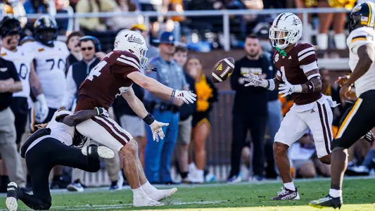 STARKVILLE, MS - November 18, 2023 - Mississippi State Linebacker Jett Johnson (#44) and Mississippi State Cornerback Marcus Banks (#1) during the game between the Southern Mississippi Golden Eagles and the Mississippi State Bulldogs at Davis Wade Stadium at Scott Field in Starkville, MS. Photo By Jaden Powell