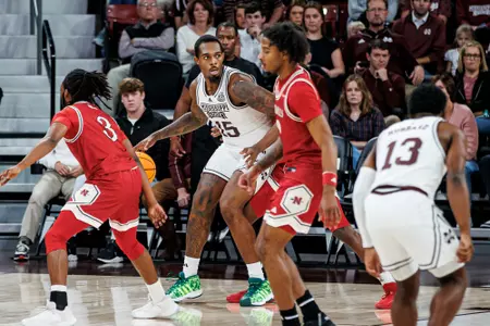STARKVILLE, MS - November 24, 2023 - Mississippi State Forward Jimmy Bell Jr. (#15) during the game between the Nicholls Colonels and the Mississippi State Bulldogs at Humphrey Coliseum in Starkville, MS. Photo By Mike Mattina