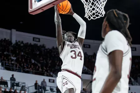STARKVILLE, MS - November 24, 2023 - Mississippi State Center Gai Chol (#34) during the game between the Nicholls Colonels and the Mississippi State Bulldogs at Humphrey Coliseum in Starkville, MS. Photo By Mike Mattina