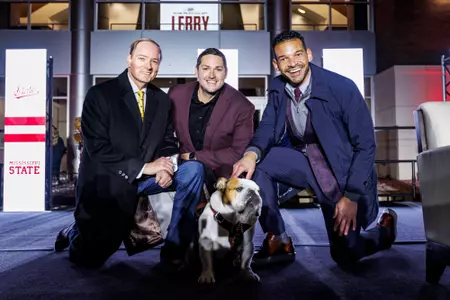 STARKVILLE, MS - November 27, 2023 - The Mississippi State Bulldogs head coach Jeff Lebby, Mississippi State Athletic Director Zac Selmon, and president of Mississippi State University Dr. Mark Everett Keenum during the welcome event at the Leo Seal Jr. Football Complex at Mississippi State University in Starkville, MS. Photo By Bailey Black
