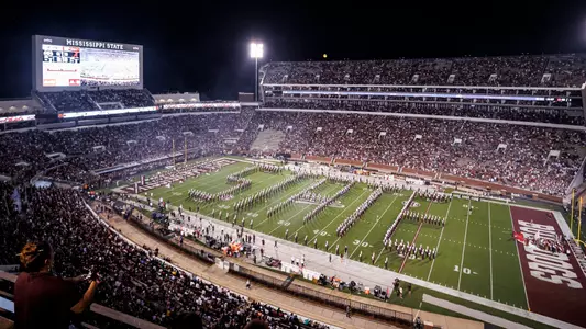 STARKVILLE, MS - September 30, 2023 - The Famous Maroon Band during the game between the Alabama Crimson Tide and the Mississippi State Bulldogs at Davis Wade Stadium at Scott Field in Starkville, MS. Photo By Mike Mattina