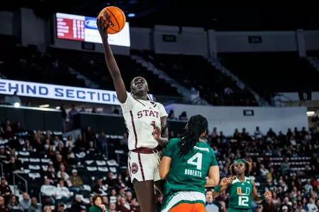 STARKVILLE, MS - November 29, 2023 - Mississippi State Forward Nyayongah Gony (#1) during the game between the Miami Hurricane and the Mississippi State Bulldogs at Humphrey Coliseum in Starkville, MS. Photo By Jaden Powell