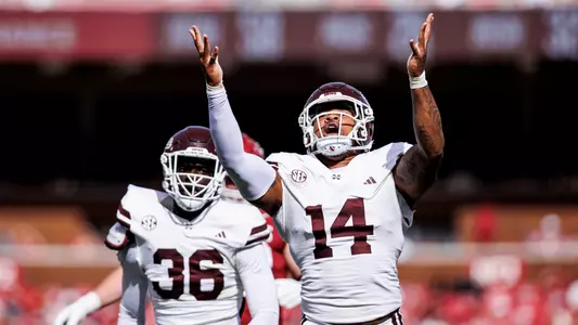 FAYETTEVILLE, AR - October 21, 2023 - Mississippi State Linebacker Nathaniel Watson (#14) during the game between the Arkansas Razorbacks and the Mississippi State Bulldogs at Donald W. Reynolds Razorback Stadium in Fayetteville, AR. Photo By Mike Mattina