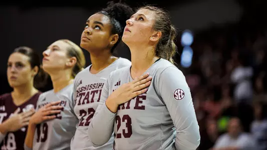 STARKVILLE, MS - August 26, 2023 - Mississippi State Outside Hitter Ashley Sturzoiu (#23) before the match between the Northwestern State Demons and the Mississippi State Bulldogs at the Newell-Grissom Building in Starkville, MS. Photo By Will Porada
