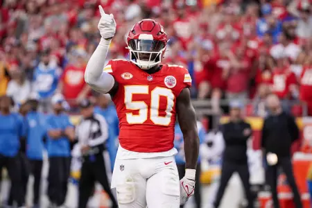 Oct 12, 2023; Kansas City, Missouri, USA; Kansas City Chiefs linebacker Willie Gay (50) celebrates after a play against the Los Angeles Chargers during the game at GEHA Field at Arrowhead Stadium. Mandatory Credit: Denny Medley-USA TODAY Sports
