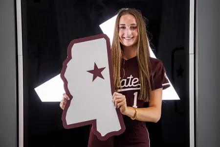 STARKVILLE, MS - October 07, 2023 - Softball Recruit during a photoshoot in Templeton Athletic Academic Center at Mississippi State University in Starkville, MS. Photo By Will Porada