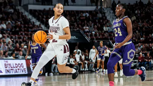 STARKVILLE, MS - November 06, 2023 - Mississippi State Guard JerKaila Jordan (#2) during the game between the Alcorn State Braves and the Mississippi State Bulldogs at Humphrey Coliseum in Starkville, MS. Photo By Jaden Powell