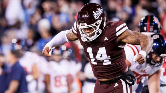STARKVILLE, MS - November 23, 2023 - Mississippi State Linebacker Nathaniel Watson (#14) during the game between the Ole Miss Rebels and the Mississippi State Bulldogs at Davis Wade Stadium at Scott Field in Starkville, MS. Photo By Will Porada