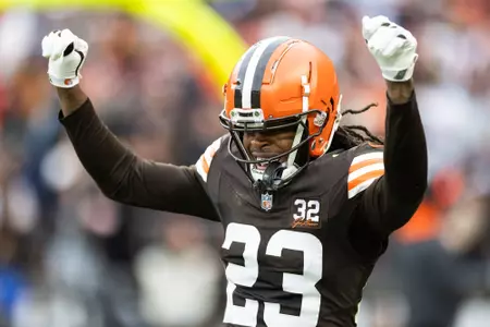 Dec 10, 2023; Cleveland, Ohio, USA; Cleveland Browns cornerback Martin Emerson Jr. (23) celebrates during the first quarter against the Jacksonville Jaguars at Cleveland Browns Stadium. Mandatory Credit: Scott Galvin-USA TODAY Sports
