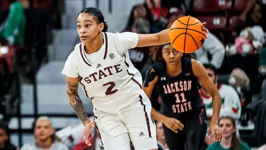 STARKVILLE, MS - December 14, 2023 - Mississippi State Guard JerKaila Jordan (#2) during the game between the Jackson State Tigers and the Mississippi State Bulldogs at Humphrey Coliseum in Starkville, MS. Photo By Jaden Powell