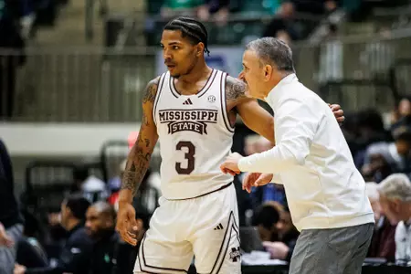 TUPELO, MS - December 17, 2023 - Mississippi State Guard Shakeel Moore (#3) and Mississippi State Head Coach Chris Jans during the game between the North Texas Mean Green and the Mississippi State Bulldogs at Cadence Bank Arena in Tupelo, MS. Photo By Mike Mattina