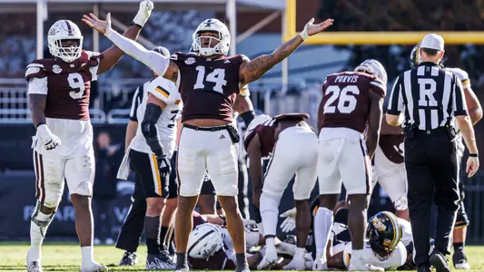 STARKVILLE, MS - November 18, 2023 - Mississippi State Linebacker Nathaniel Watson (#14) during the game between the Southern Mississippi Golden Eagles and the Mississippi State Bulldogs at Davis Wade Stadium at Scott Field in Starkville, MS. Photo By Ivy Rose Ball