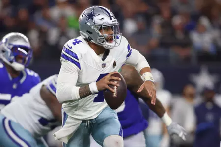 Nov 30, 2023; Arlington, Texas, USA; Dallas Cowboys quarterback Dak Prescott (4) looks to pass during the second half against the Seattle Seahawks at AT&T Stadium. Mandatory Credit: Tim Heitman-USA TODAY Sports