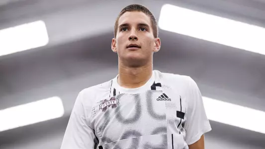 STARKVILLE, MS - February 03, 2023 - Mississippi State's Petar Jovanovic during the match between the Tulane Green Wave and the Mississippi State Bulldogs at the Rula Tennis Pavilion in Starkville, MS. Photo By Will Porada