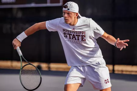 STARKVILLE, MS - February 05, 2023 - Mississippi State's Gregor Ramskogler during the match between the Jackson State Tigers and the Mississippi State Bulldogs at the Rula Tennis Pavilion in Starkville, MS. Photo By Ivy Ball