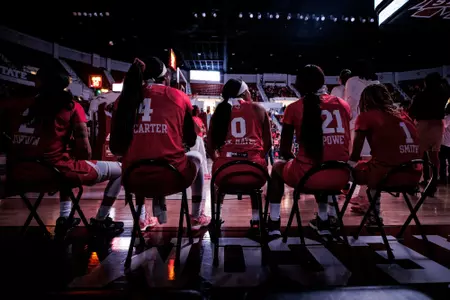 STARKVILLE, MS - February 12, 2023 - Mississippi State Guard JerKaila Jordan (#2), Mississippi State Forward/Center Jessika Carter (#4), Mississippi State Guard Anastasia Hayes (#0), Mississippi State Guard/Forward Debreasha Powe (#21) and Mississippi State Guard Ahlana Smith (#1) during the game between the Texas A&M Aggies and the Mississippi State Bulldogs at Humphrey Coliseum in Starkville, MS. Photo By Mike Mattina