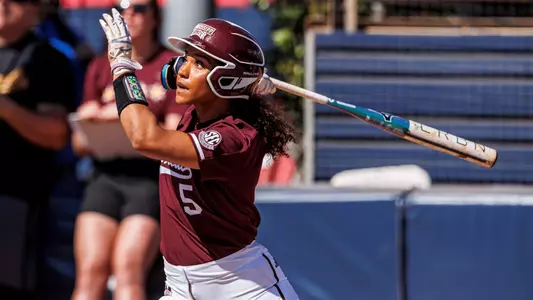 BOCA RATON, FL - February 10, 2023 - Mississippi State Outfielder Kiersten Landers (#5) during the Paradise Classic game between the Loyola Chicago Ramblers and the Mississippi State Bulldogs at FAU Softball Stadium in Boca Raton, FL. Photo By Kevin Snyder