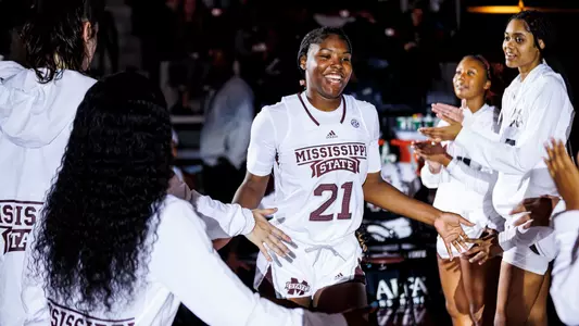 STARKVILLE, MS - November 18, 2022 - Mississippi State Guard/Forward Debreasha Powe (#21) before the game between the Alabama State Hornets and the Mississippi State Bulldogs at Humphrey Coliseum in Starkville, MS. Photo By Kevin Snyder