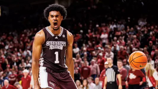 FAYETTEVILLE, AR - February 11, 2023 - Mississippi State Forward Tolu Smith (#1) during the game between the Arkansas Razorbacks and the Mississippi State Bulldogs at Bud Walton Arena in Fayetteville, AR. Photo By Mike Mattina