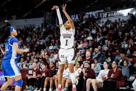 STARKVILLE, MS - January 22, 2023 - Mississippi State Guard Ahlana Smith (#1) during the game between the Kentucky Wildcats and the Mississippi State Bulldogs at Humphrey Coliseum in Starkville, MS. Photo By Kevin Snyder