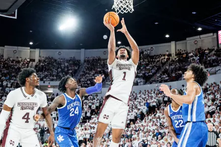 STARKVILLE, MS - February 15, 2023 - Mississippi State Forward Tolu Smith (#1) during the game between the Kentucky Wildcats and the Mississippi State Bulldogs at Humphrey Coliseum in Starkville, MS. Photo By Mike Mattina