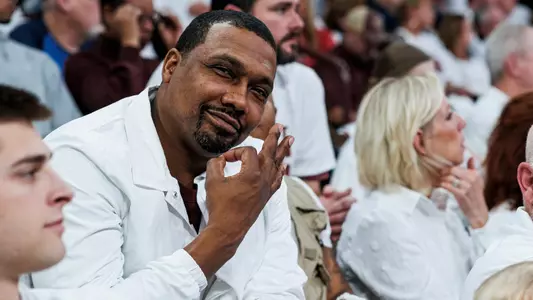 STARKVILLE, MS - February 15, 2023 - Former Mississippi State Men’s Basketball Player Darryl Wilson during the game between the Kentucky Wildcats and the Mississippi State Bulldogs at Humphrey Coliseum in Starkville, MS. Photo By Kevin Snyder