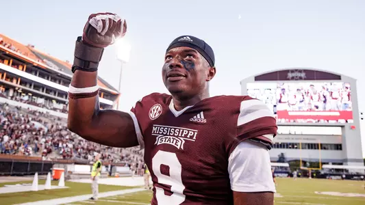 STARKVILLE, MS - October 01, 2022 - Mississippi State Linebacker DeMonte Russell (#9) after the game between the Texas A&M Aggies and the Mississippi State Bulldogs at Davis Wade Stadium at Scott Field in Starkville, MS. Photo By Laura Parsley
