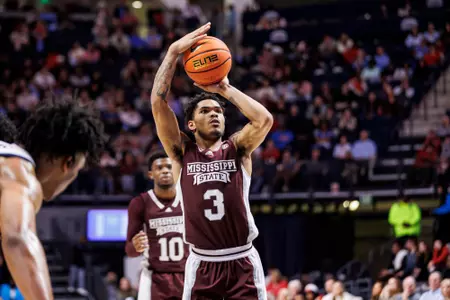 OXFORD, MS - February 18, 2023 - Mississippi State Guard Shakeel Moore (#3) during the game between the Ole Miss Rebels and the Mississippi State Bulldogs at Pavilion at Ole Miss in Oxford, MS. Photo By Mike Mattina