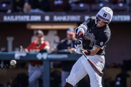 STARKVILLE, MS - February 19, 2023 - Mississippi State Outfielder Kellum Clark (#11) during the game between the Virginia Military Institute Keydets and the Mississippi State Bulldogs at Dudy Noble Field at Polk-Dement Stadium in Starkville, MS. Photo By Will Porada