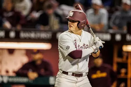 STARKVILLE, MS - February 25, 2023 - Mississippi State Infielder/Outfielder Hunter Hines (#44) during the game between the Arizona State Sun Devils and the Mississippi State Bulldogs at Dudy Noble Field at Polk-Dement Stadium in Starkville, MS. Photo By Jaden Powell