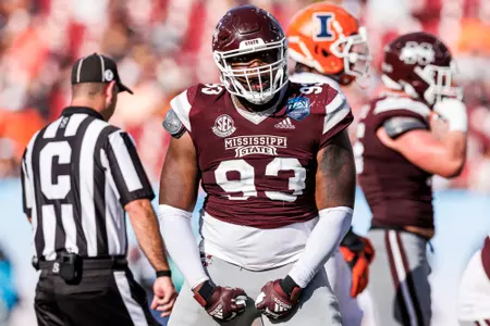 TAMPA, FL - January 02, 2023 - Mississippi State Defensive Lineman Cameron Young (#93) during the ReliaQuest Bowl between the Mississippi State Bulldogs and the Illinois Fighting Illini at Raymond James Stadium in Tampa, FL. Photo By Kevin Snyder