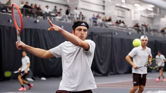 STARKVILLE, MS - February 03, 2023 - Mississippi State's Nemanja Malesevic during the match between the Tulane Green Wave and the Mississippi State Bulldogs at the Rula Tennis Pavilion in Starkville, MS. Photo By Will Porada