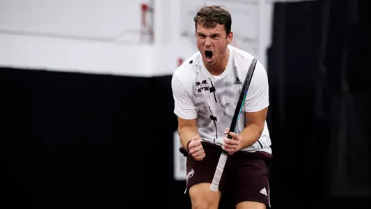 STARKVILLE, MS - February 03, 2023 - Mississippi State's Michal Novansky during the match between the Tulane Green Wave and the Mississippi State Bulldogs at the Rula Tennis Pavilion in Starkville, MS. Photo By Will Porada
