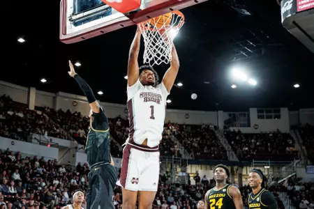STARKVILLE, MS - February 04, 2023 - Mississippi State Forward Tolu Smith (#1) during the game between the Missouri Tigers and the Mississippi State Bulldogs at Humphrey Coliseum in Starkville, MS. Photo By Mike Mattina