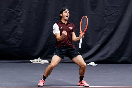 STARKVILLE, MS - February 05, 2023 - Mississippi State's Nemanja Malesevic during the match between the Presbyterian Blue Hose and the Mississippi State Bulldogs at the Rula Tennis Pavilion in Starkville, MS. Photo By Laura Parsley