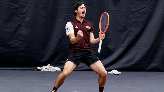 STARKVILLE, MS - February 05, 2023 - Mississippi State's Nemanja Malesevic during the match between the Presbyterian Blue Hose and the Mississippi State Bulldogs at the Rula Tennis Pavilion in Starkville, MS. Photo By Laura Parsley