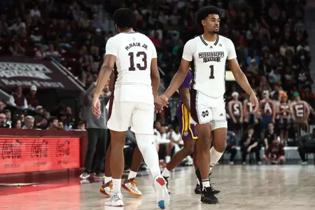 STARKVILLE, MS - February 08, 2023 - Mississippi State Forward Tolu Smith (#1) and Mississippi State Forward Will McNair Jr (#13) during the game between the LSU Tigers and the Mississippi State Bulldogs at Humphrey Coliseum in Starkville, MS. Photo By Jaden Powell