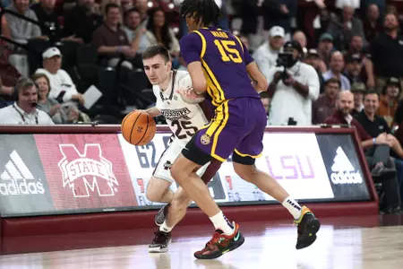 STARKVILLE, MS - February 08, 2023 - Mississippi State Guard Isaac Stansbury (#25) during the game between the LSU Tigers and the Mississippi State Bulldogs at Humphrey Coliseum in Starkville, MS. Photo By Jaden Powell