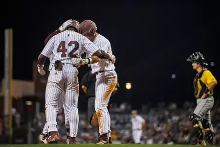 PEARL, MS - February 28, 2023 - Mississippi State Infielder Amani Larry (#8), Mississippi State Outfielder Dakota Jordan (#42), and Mississippi State Colton Ledbetter (#10) during the game between the Southern Miss Golden Eagles and the Mississippi State Bulldogs at Trustmark Park in Pearl, MS. Photo By Jaden Powell