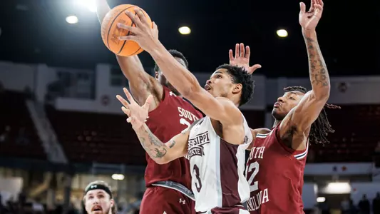 STARKVILLE, MS - February 28, 2023 - Mississippi State Guard Shakeel Moore (#3) during the game between the South Carolina Gamecocks and the Mississippi State Bulldogs at Humphrey Coliseum in Starkville, MS. Photo By Mike Mattina