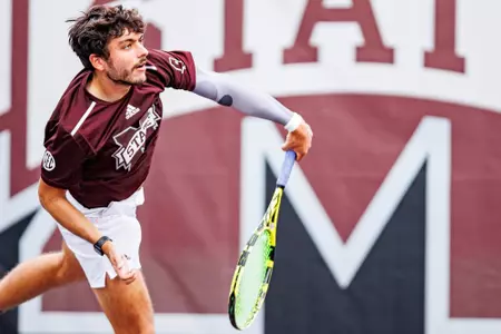 STARKVILLE, MS - February 25, 2023 - Mississippi State's Patrick Lazo during the match between the Tennessee Tech Golden Eagles and the Mississippi State Bulldogs at the AJ Pitts Tennis Centre in Starkville, MS. Photo By Ivy Ball