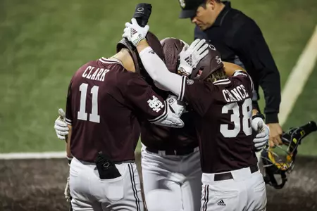 STARKVILLE, MS - March 10, 2023 - Mississippi State Infielder/Outfielder Hunter Hines (#44), Mississippi State Outfielder Kellum Clark (#11), and Mississippi State Outfielder Bryce Chance (#38) during the game between the Lipscomb Bison and the Mississippi State Bulldogs at Dudy Noble Field at Polk-Dement Stadium in Starkville, MS. Photo By Kevin Snyder