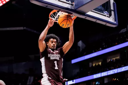 NASHVILLE, TN - March 10, 2023 - Mississippi State Forward Tolu Smith (#1) during the game between the Alabama Crimson Tide and the Mississippi State Bulldogs during the SEC Tournament at Bridgestone Arena in Nashville, TN. Photo By Mike Mattina