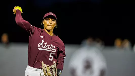 STARKVILLE, MS - March 10, 2023 - Mississippi State Outfielder Kiersten Landers (#5) during the game between the Oklahoma Sooners and the Mississippi State Bulldogs at Nusz Park in Starkville, MS. Photo By Jaden Powell