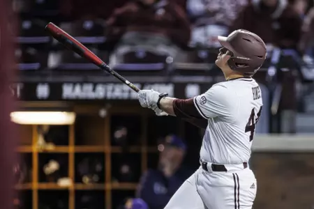 STARKVILLE, MS - March 11, 2023 - Mississippi State Infielder/Outfielder Hunter Hines (#44) during the game between the Lipscomb Bison and the Mississippi State Bulldogs at Dudy Noble Field at Polk-Dement Stadium in Starkville, MS. Photo By Kevin Snyder