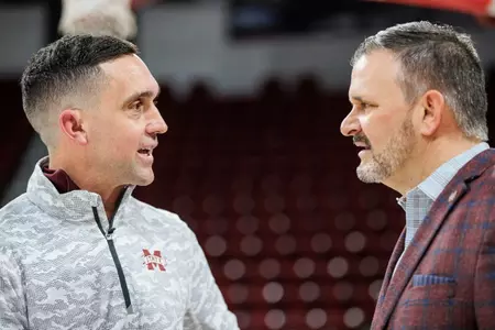 STARKVILLE, MS - March 21, 2022 - Mississippi State Women’s Basketball Head Coach Sam Purcell meets Men’s Basketball Head Coach Chris Jans taken at Humphrey Coliseum at Mississippi State University in Starkville, MS. Photo By Austin Perryman